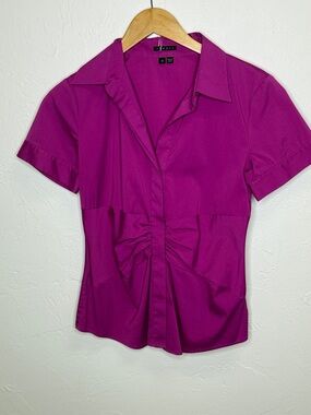 Theory Magenta Short-Sleeve Button-Down Shirt with Front Ruching